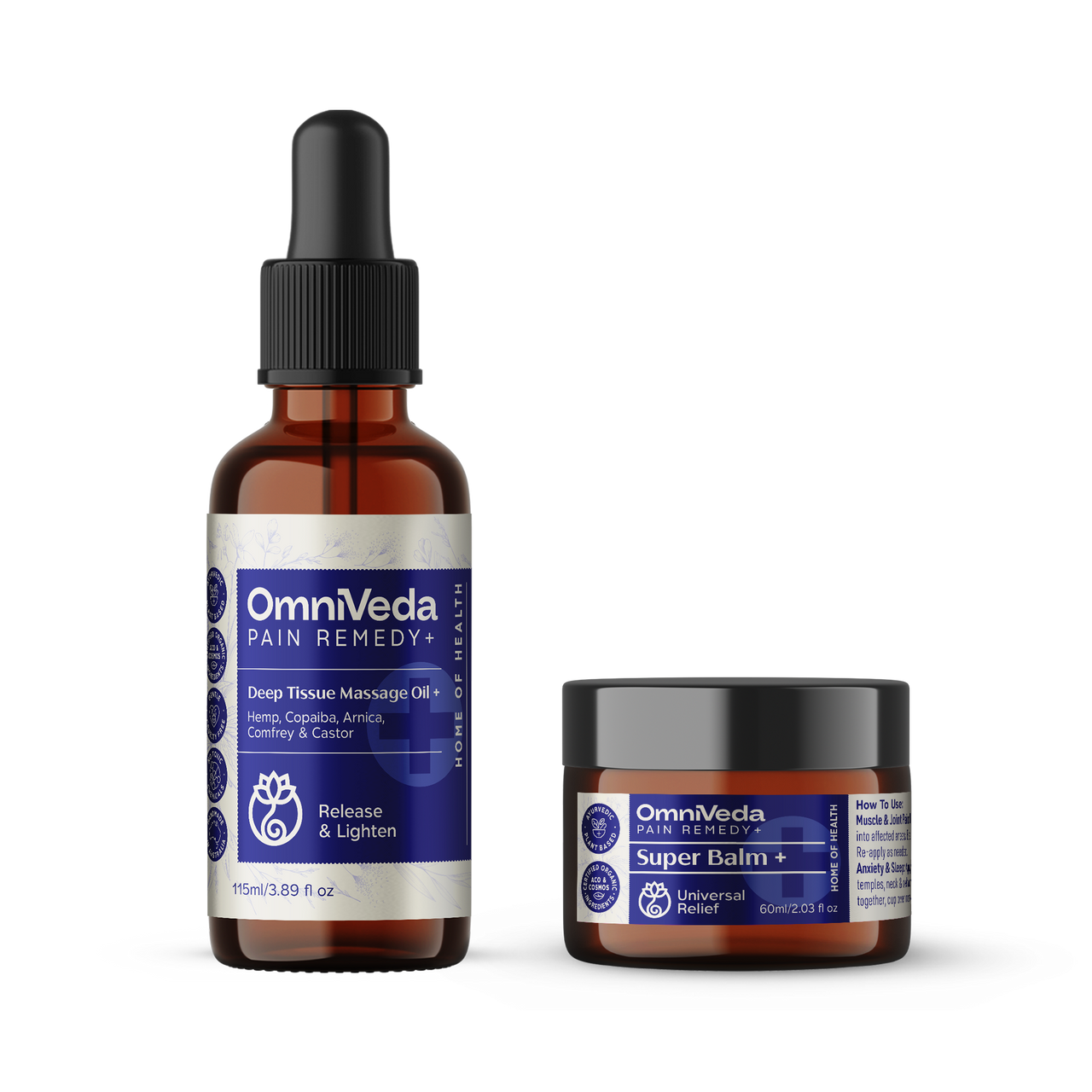 OmniVeda Pain Remedy oil bottle and Super Balm jar on a white background