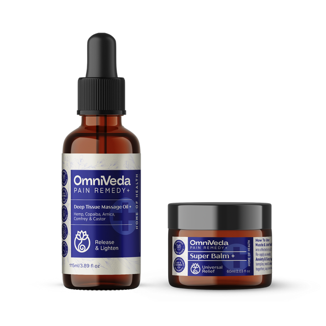 OmniVeda Pain Remedy oil bottle and Super Balm jar on a white background